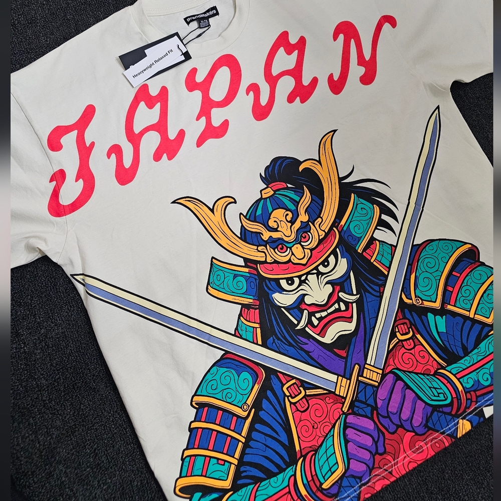 Brand Makers Mens XL JAPAN Samurai Warrior Graphic Heavyweight Cream T- Shirt
